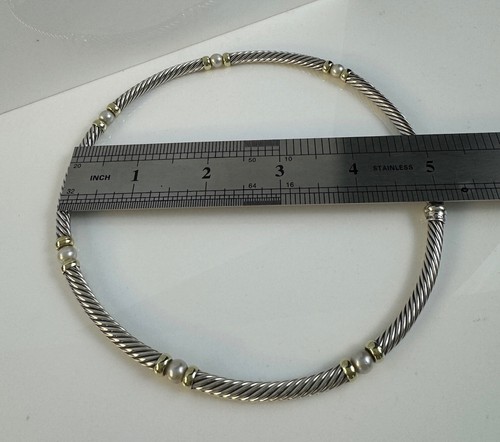 David Yurman 925 Silver & Pearl Station Cable Choker Necklace W/ 14k Gold Accent - Picture 10 of 10