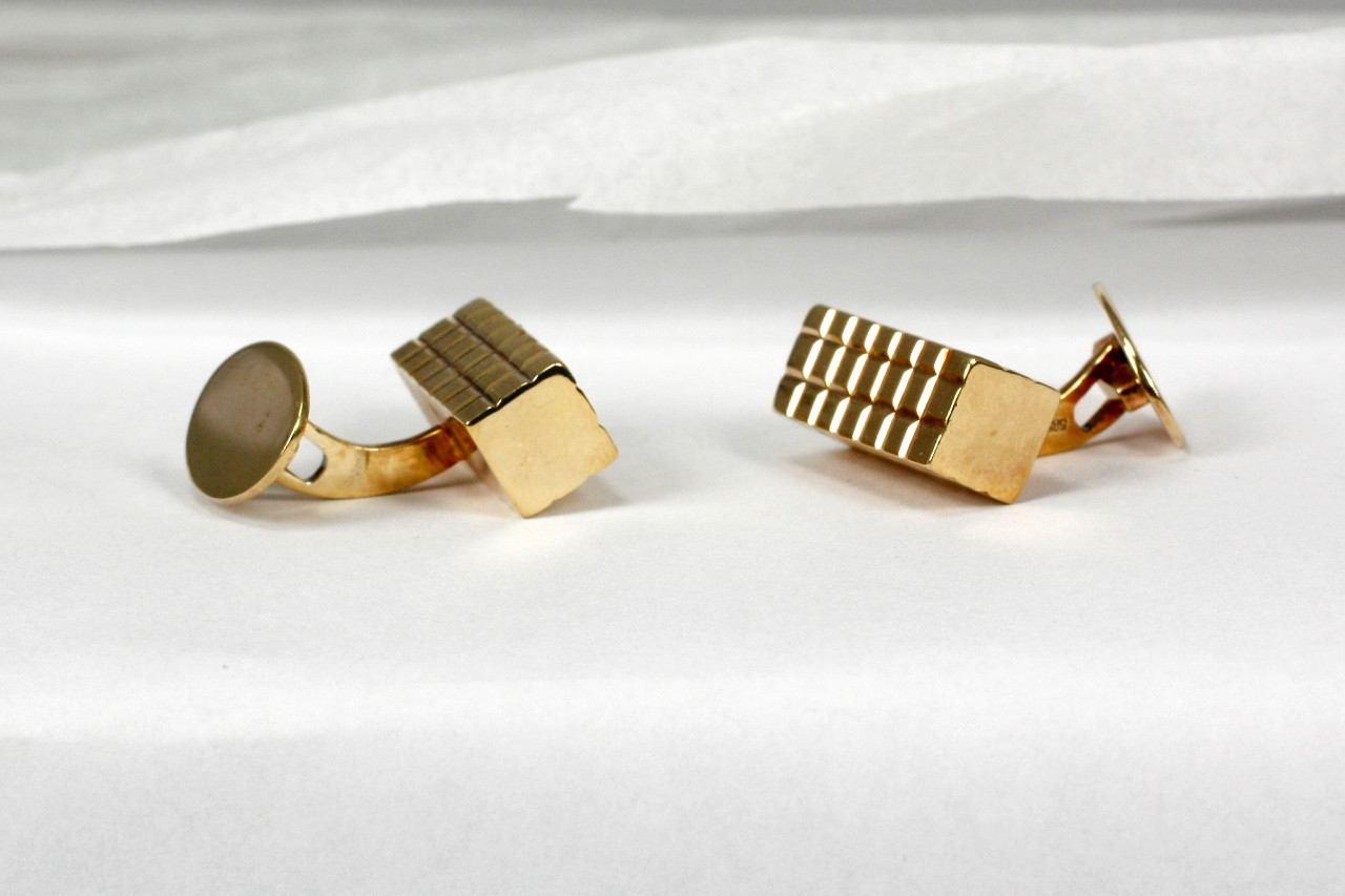 Boutons De Manchette En Or Massif 14 Carats (8,2g) - Style Rectangle, Dos Bullet - Vintage, Signés Anson