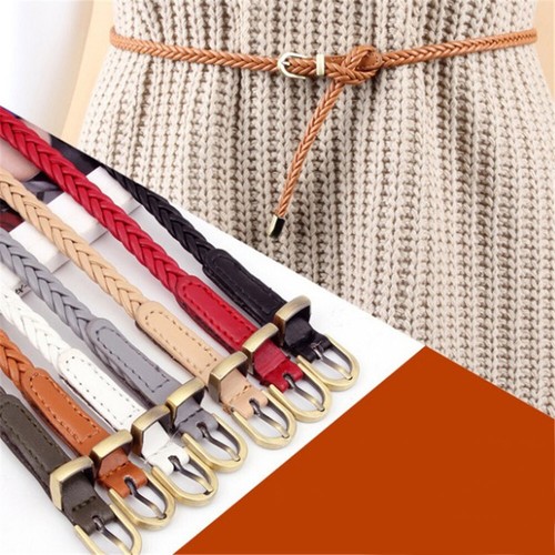 Womens Braided Leather Dress Belt Pin Buckle Narrow Skinny Waistband Strap Waist