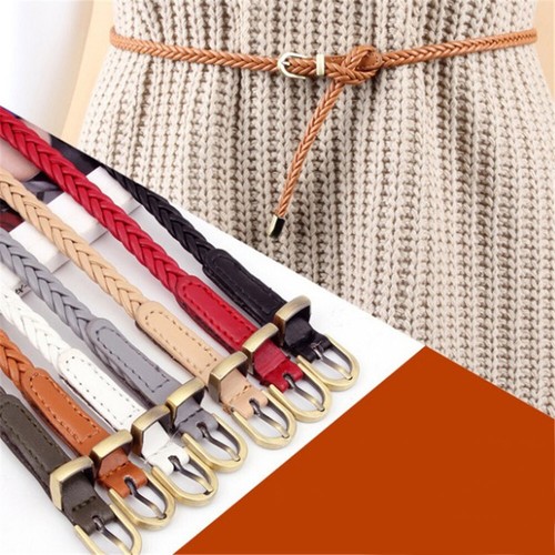 Womens Braided Leather Dress Belt Pin Buckle Narrow Skinny Waistband Strap Waist - Afbeelding 1 van 36