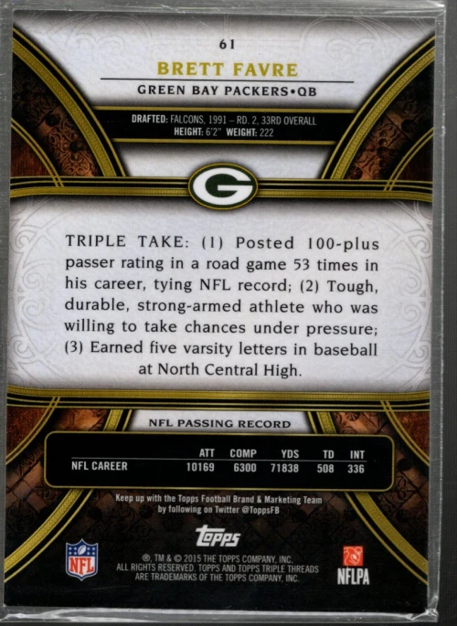 A4154- 2015 Topps Triple Threads Gold #61 Brett Favre /99 - NM-MT - Image 2 of 2