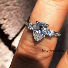 Pear Shape 2.40CT Real Moissanite Engagement Wedding 925 Silver Ring Women's