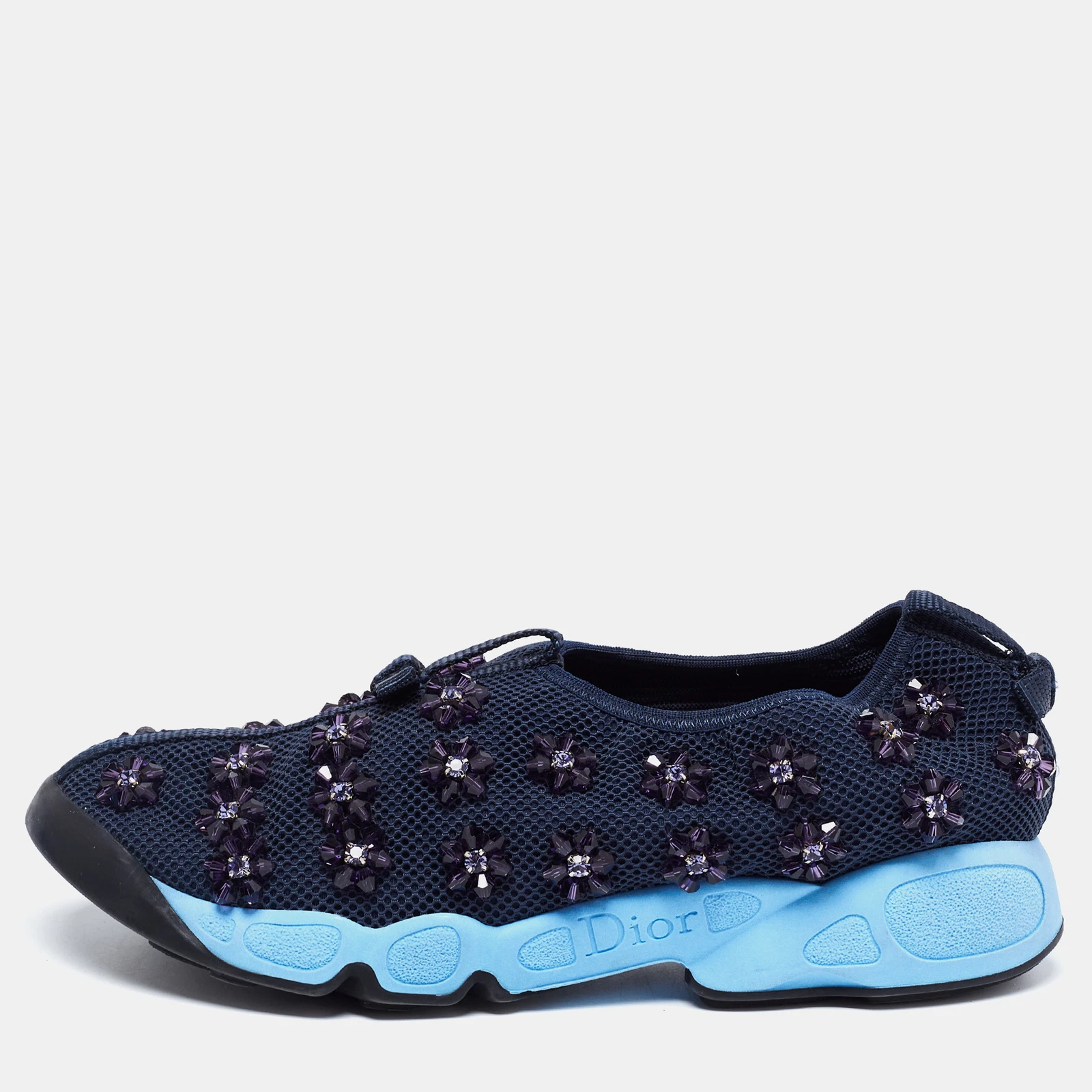 Baskets à enfiler en maille bleue marine fusion florale embellie Dior taille 37