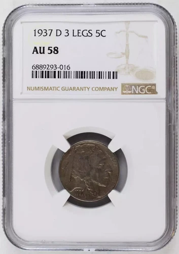 1937 D 3 Legs Buffalo Nickel NGC AU-58 