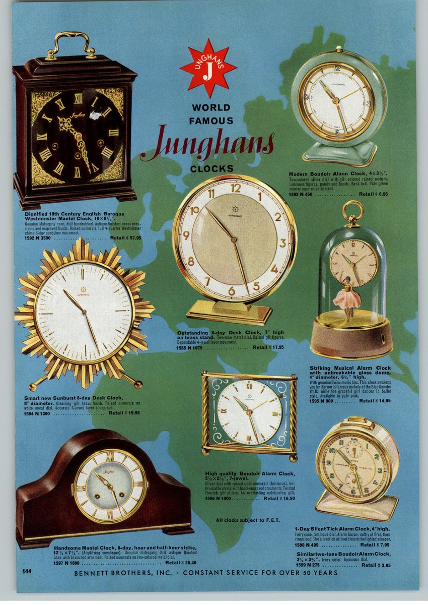 1957 PAPER AD Junghans World Famous Clocks Wall Sunburst Mid