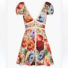 NWT Alice + Olivia Plunging V-Neck Cotton Minidress Floral Coquette Lowback Sz L