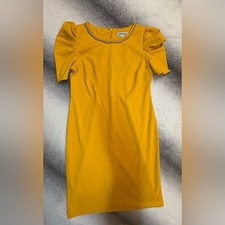 Shelby & Palmer Mustard Yellow Beaded Strand Neck Puff Sleeve Sheath Dress 12