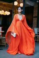 VALENTINO V-NECK SILK CHIFFON CAPE GOWN ORANGE IT 44