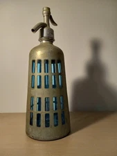 1930s French Seltzer Siphon Blue Glass Interior With Metal Cage Exterior 