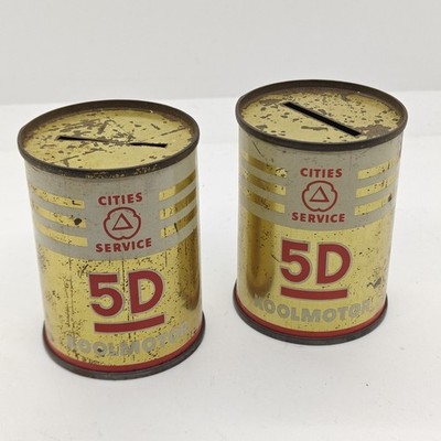 Vintage Cities Service Oil 5D KOOLMOTOR Promotional Coin Piggy Bank Tin Cans