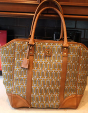 Tory Burch Tote Shopper Geo T Gold Gray Leather Embroidery Needlepoint 14 x13 x6