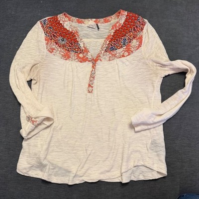 Akemi + Kin Anthropologie Cream Floral Yoke Henley Top Long Sleeve Cotton Small