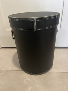 Vintage Black Round Leather Storage Bin 15” X 11 1/2” Velvet Lined Hard Shell