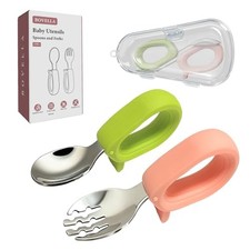 Toddler Utensils, Stainless Steel Baby Forks and Spoons Set with Green Pink