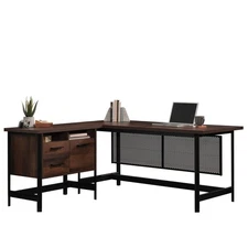 L-Shaped Desk in Classic Brown Finish with Generous Space, File Drawer, and