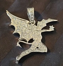 Fairy Fantasy Large Silvertone Pendant Charm 2 1/4" Bling RHINESTONE  Rare!