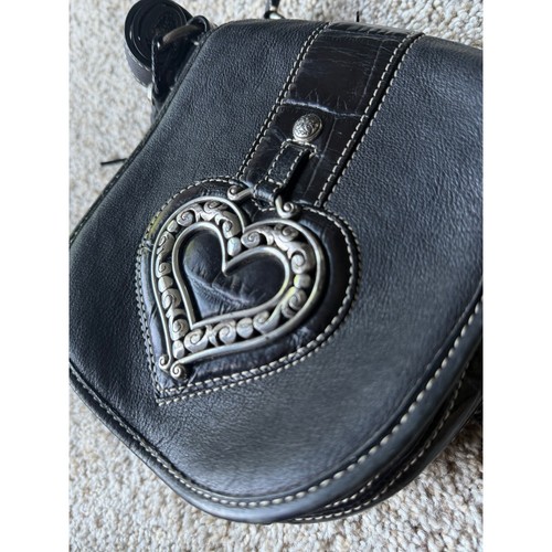 Brighton Black Leather Crossbody Bag metal Heart Accent Flap Small boho bag - Picture 10 of 11