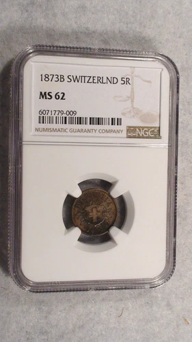 1873 B SWITZERLAND FIVE RAPPEN NGC MS62 5R Coin PRICED TO SELL!