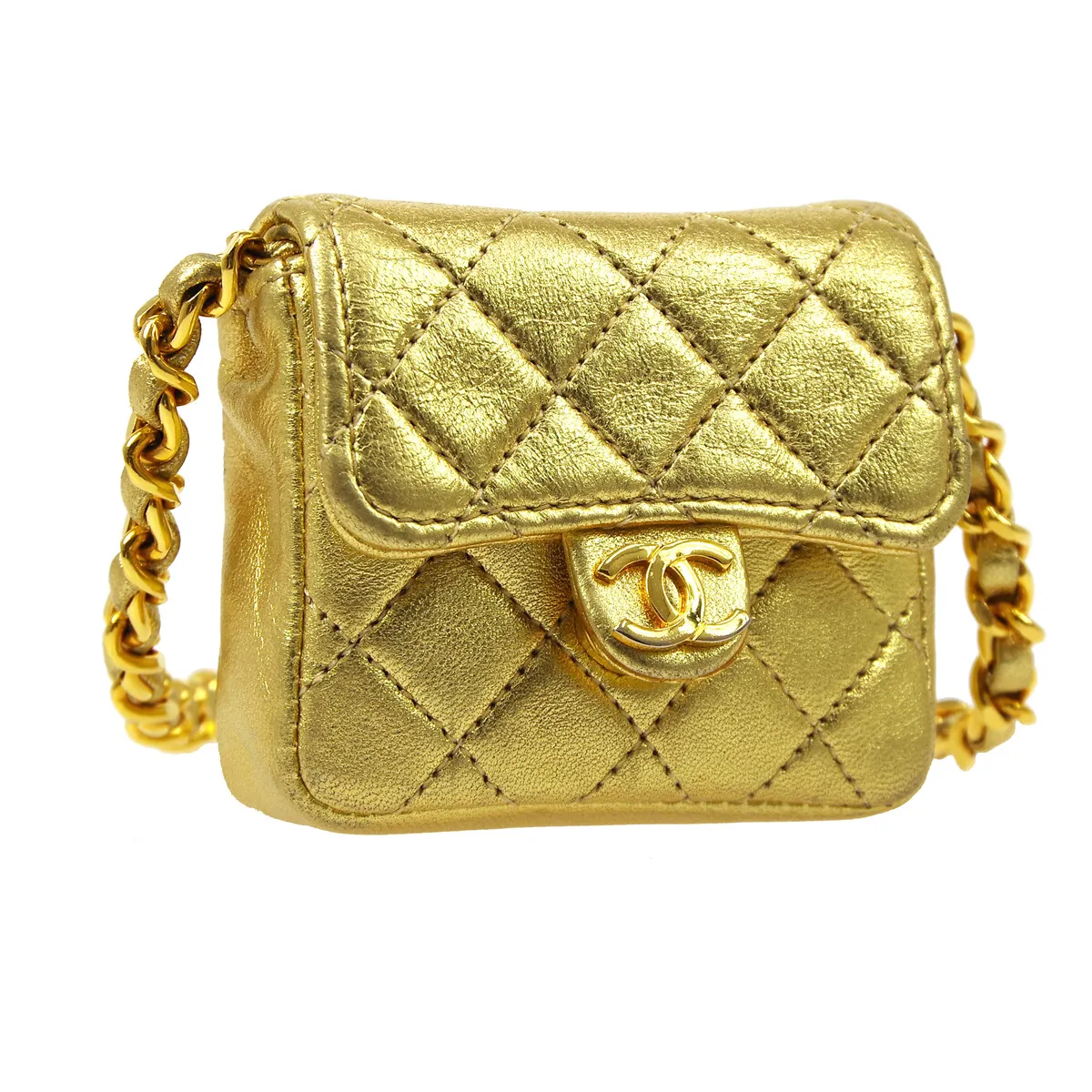 CHANEL Classic Flap Micro Mini Shoulder Bag Pochette Gold Leather 05314