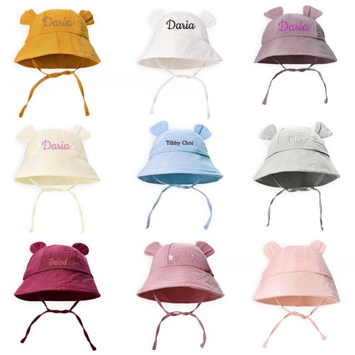 Personalised infant Bucket Hat Bear Beach Sun Cap Baby Custom Name Adjustable AU - Picture 5 of 30