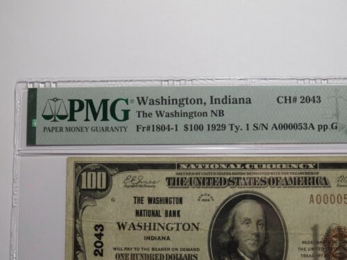 $100 1929 Washington Indiana IN National Currency Bank Note Bill Ch #2043 VF25 - Picture 2 of 5