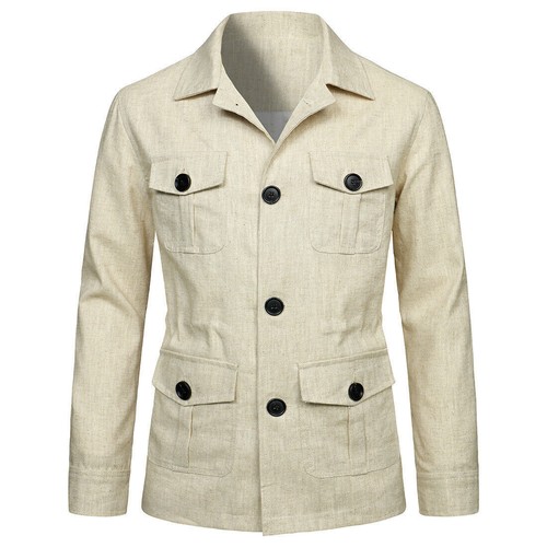 Men's Linen Safari Jacket Pockets Slim Fit Hunting Coat Casual Tops British - Picture 19 of 24