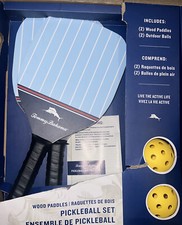 Brand New Tommy Bahama Pickleball Set 2 Wood Paddles 2 Game Balls NIB RARE 