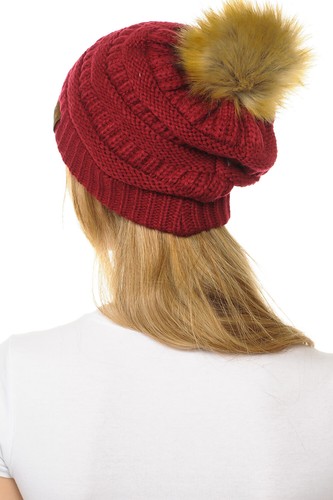 C.C Hat-43 Thick Warm Cap Hat Skully Faux Fur Pom Pom Cable Knit Beanie - Picture 19 of 166