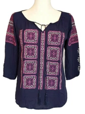 Solitaire Blouse Embroidered 3/4 Sleeve Tassels Hippie Boho Peasant Gypsy size S