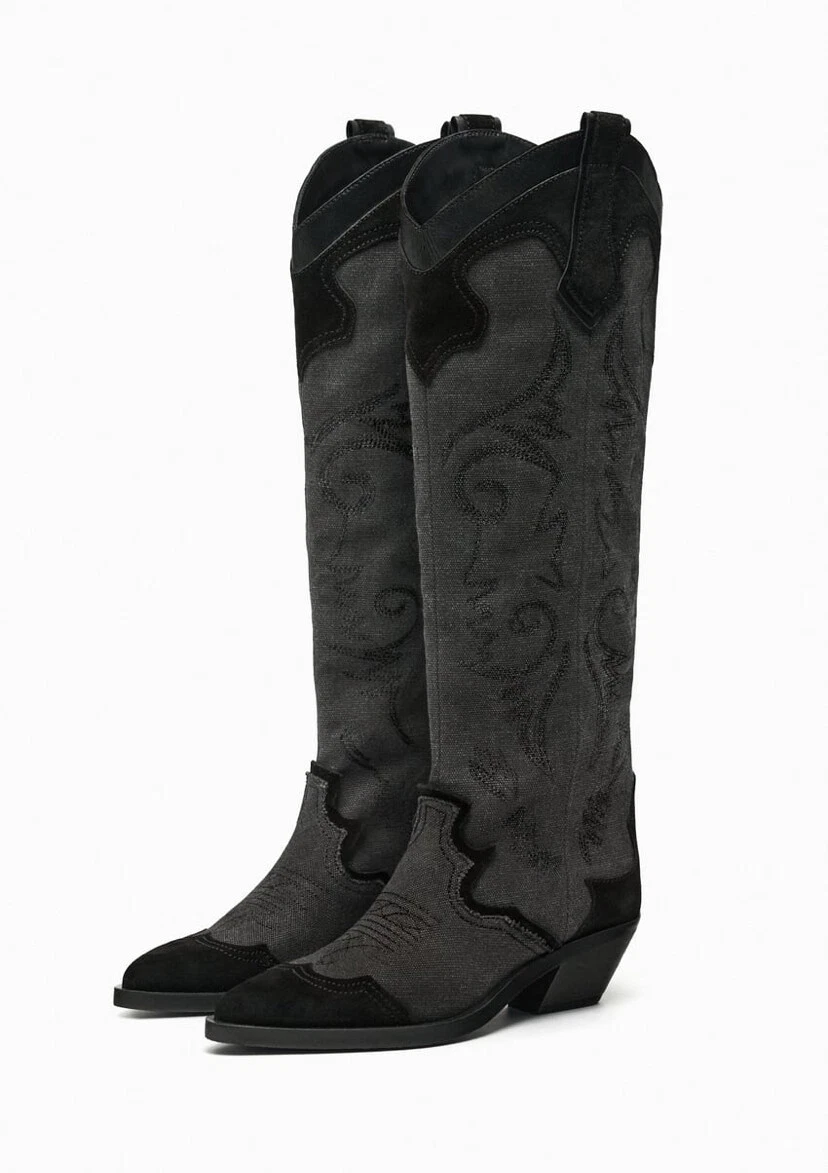 ZARA HEELED EMBROIDERED COWBOY BOOTS BLACK NEW FW24 ALL SIZES REF
