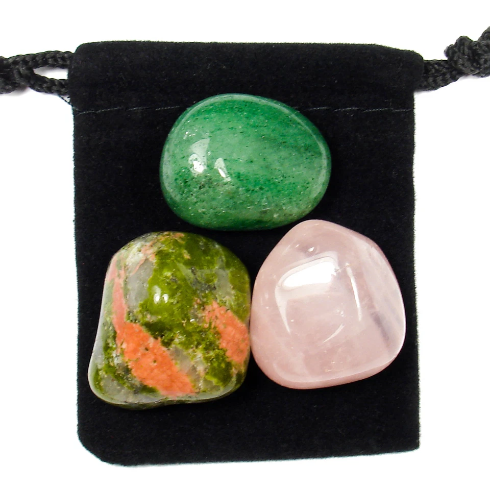 4th HEART CHAKRA Tumbled Crystal Healing Set = 3 Stones + Pouch + Description