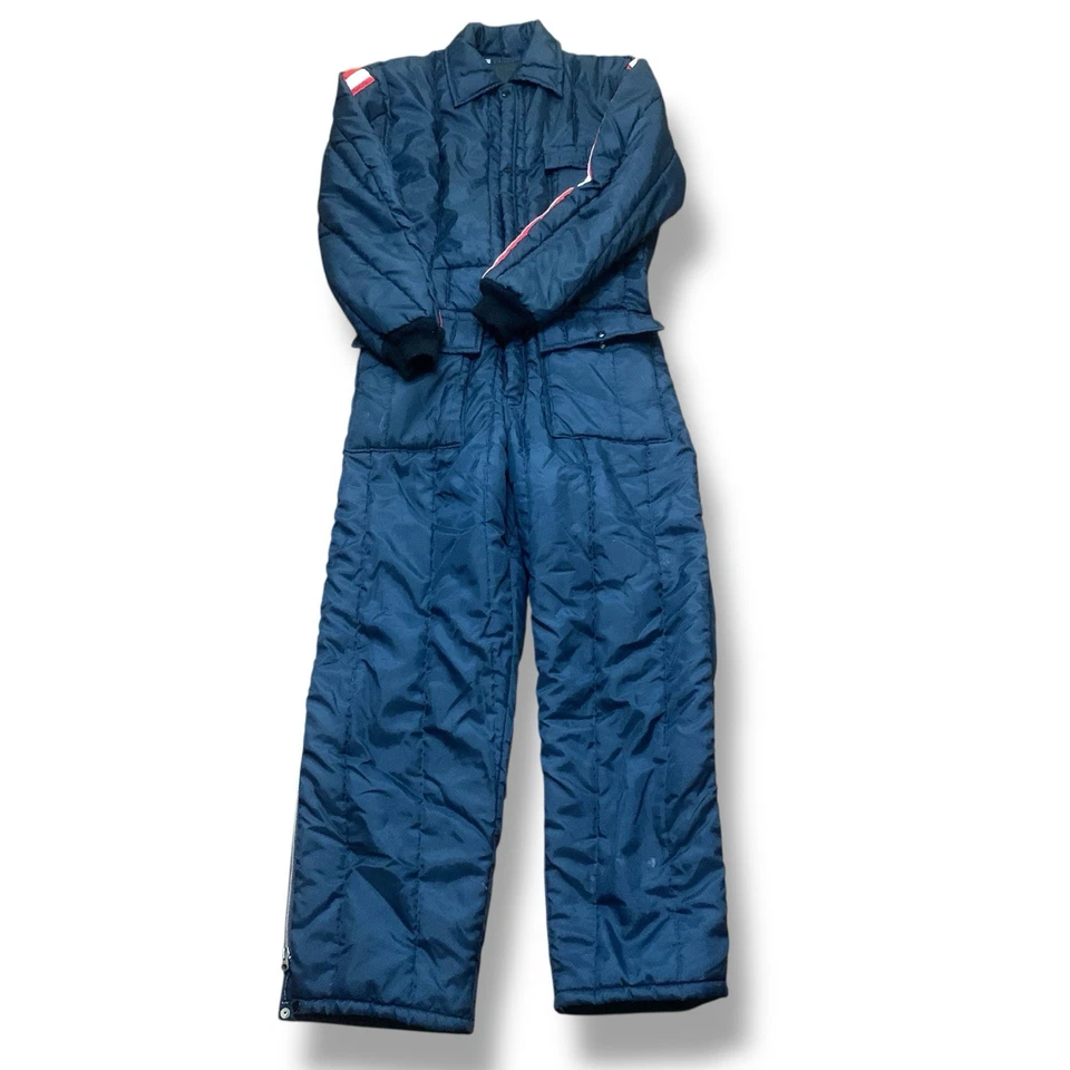 Traje de moto de nieve vintage años 80 monos azules brazo a rayas rojas Jason Crystal Lake Foto 3 de 4