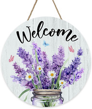 Welcome Spring Summer Lavender Flower Front Door Sign, Daisy Floral Butterfly Ja