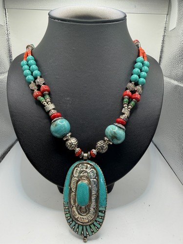Vintage Turquoise Statement Necklace Southwestern Boho Necklace Sterling