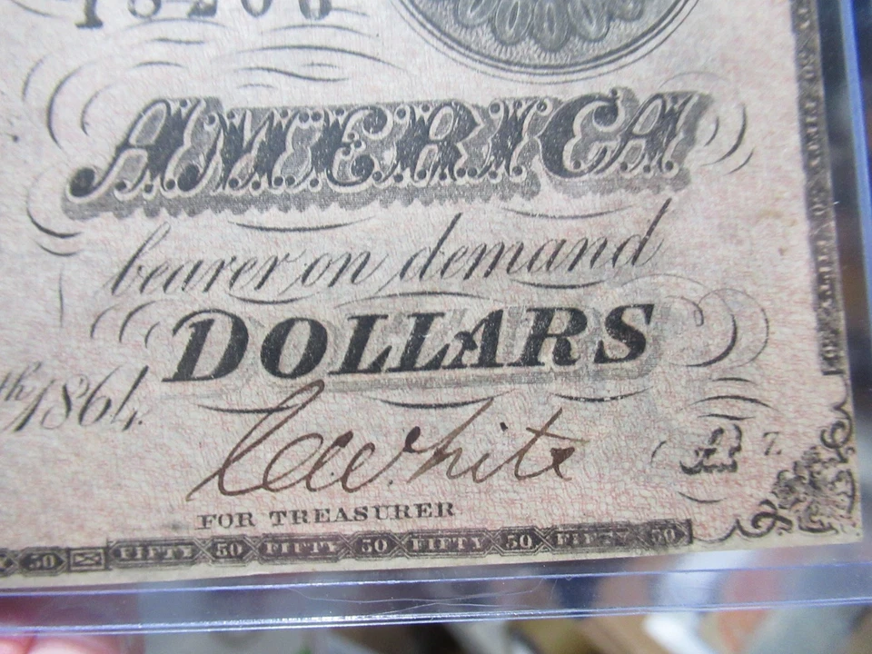 1864 CSA $50 Confederate Note T-66 Feb 17 Richmond Blue Back Clark & Elmore UNC. - Image 2 of 4