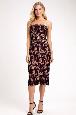 Lulus Womens Jana Strapless Midi Dress M Burgundy Blush Cocktail Wedding Party