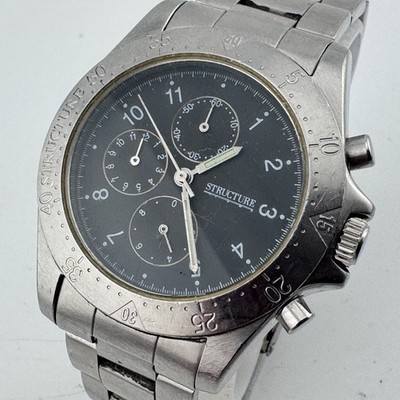 VTG Structure Quartz Watch Men 50m Silver Fixed Bezel Chronograph New Battery 7''