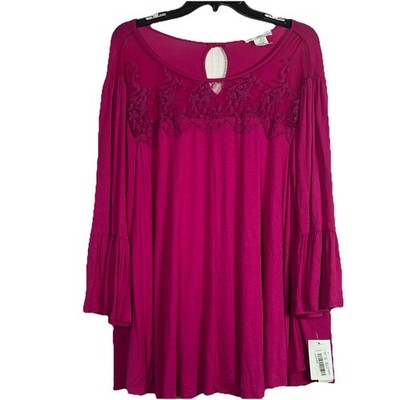 Moa Moa Women s 2X Raspberry Pink Tunic With Bell Sleeves & Embroidered Neck NWT