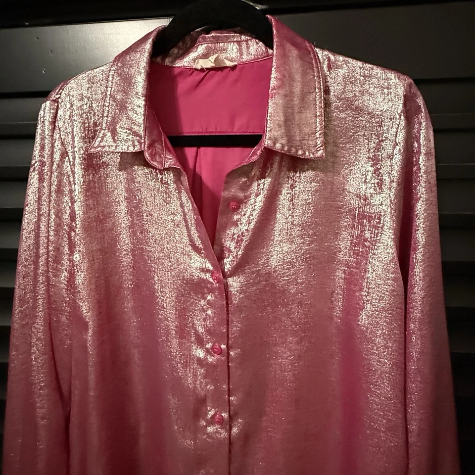 Blusa con botones rosa caballete brillante manga larga para mujer elegante vacaciones cóctel Foto 2 de 4