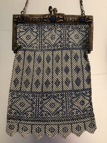 ANTIQUE EVENING MANDALIAN BAG BEADED MESH SILVER BLUE/WHITE  ENAMEL ART NOUVEAU