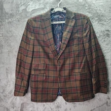 Tallia Men’s 46R Wool Blend Plaid Blazer Jacket Brown Red Green Check Paisley