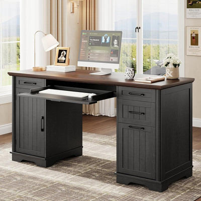 56'' Large Executive Desk with Drawers,Modern Farmhouse Home Office Desk with Cha