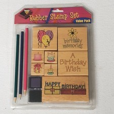 Happy Birthday Party Rubber Stamp Set 8 wood mount stamps  pencils NEW Sealed
