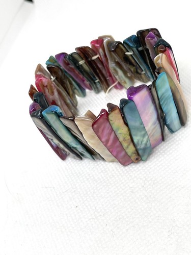 Bracelet Extensible En Nacre D'abalone Naturelle - Largeur 18mm, Reflets Gris Argentés, Création Artisanale Made In France