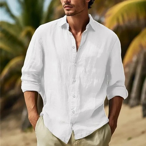 Knopfleiste Hemd Herren Langarm Baumwolle Leinen T-Shirt Freizeit Sommer Strand Tops - Bild 33 von 33