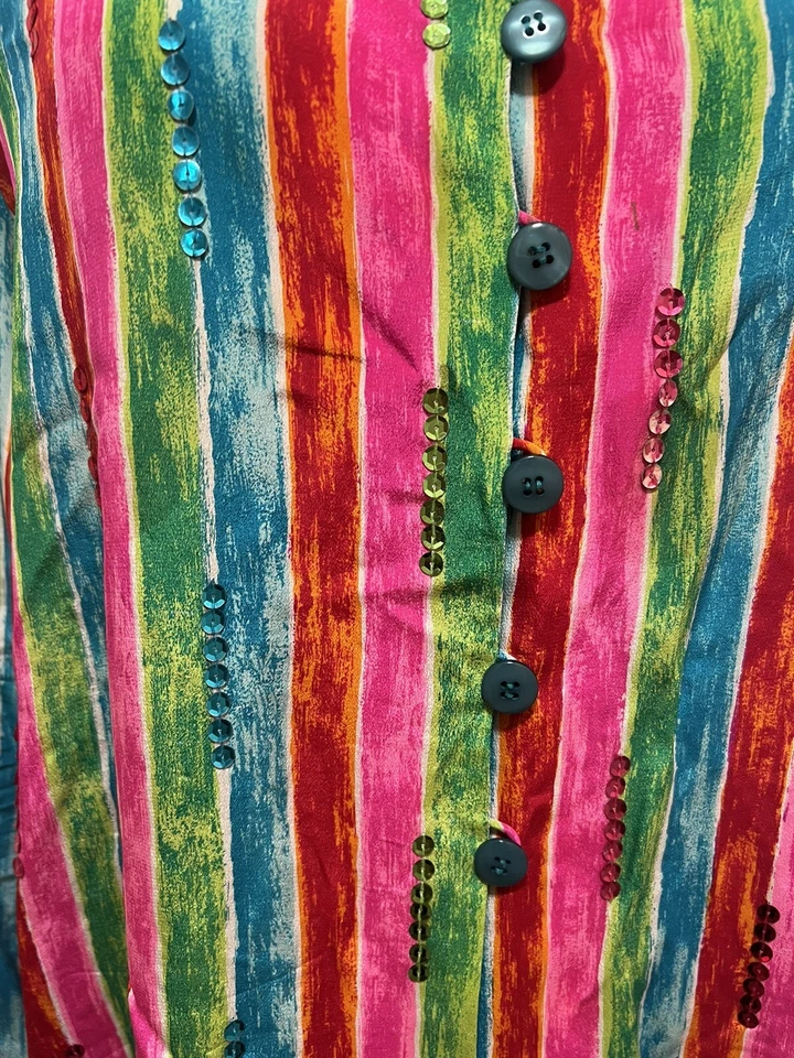 Blusa para mujer Diane Gilman talla grande seda rayas lentejuelas botón manga larga Foto 3 de 4