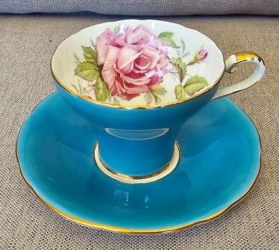 AYNSLEY TURQUOISE TEACUP & SAUCER SET VINTAGE ANTIQUE CABBAGE ROSE PATTERN RARE