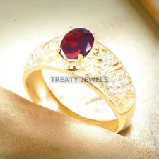 Garnet Oval Cut With 925 Sterling Silver Gold Plated Ring For Men's #A356