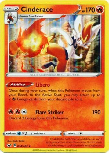 Cinderace 034/202 Sword & Shield Base Set HOLO RARE PERFECT MINT! Pokémon - Picture 1 of 1