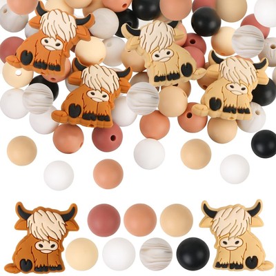 60Pcs Cow Beads Silicone Round Bead Cartoon Animal Silicone Beads Loose Cow P...